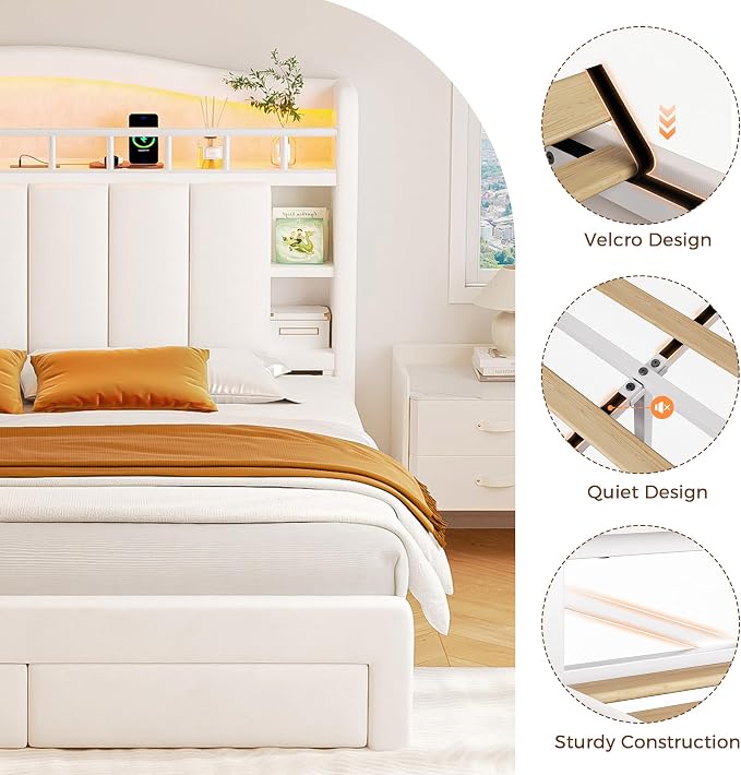 Full Size Bed Frame with LED Storage Headboard & 2 Storage Drawers, Velvet Upholstered Bed with Vertical Tufted Headboard Design, USB & Type-C Charging Ports, Wooden Slats Support, Noise-Free, Beige