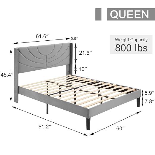 VECELO Upholstered Platform Queen Bed Frame with Fabric Headboard,Wooden Slats Support/No Box Spring Needed/Mattress Foundation,Dark Grey
