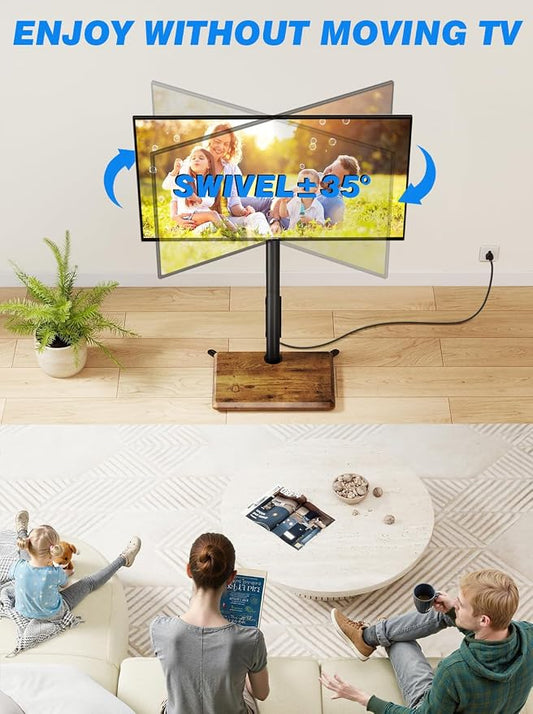 Rfiver Swivel Floor TV Stand with Power Outlet for 32-65 inch TVs, Height Adjustable Tall TV Stand with Wood Base, Hold Up to 88lbs, Saving Space Design for Bedroom, Living Room and Corner (Brown)