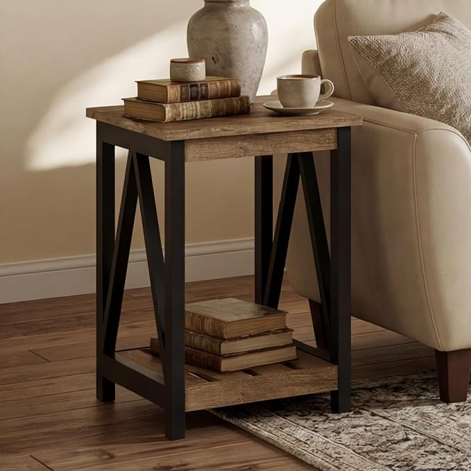 ChooChoo Farmhouse End Table, Rustic Vintage End Side Table with Storage Shelf for Small Spaces, Nightstand Sofa Table for Living Room, Bedroom,Rustic Oak & Black 2 Pack