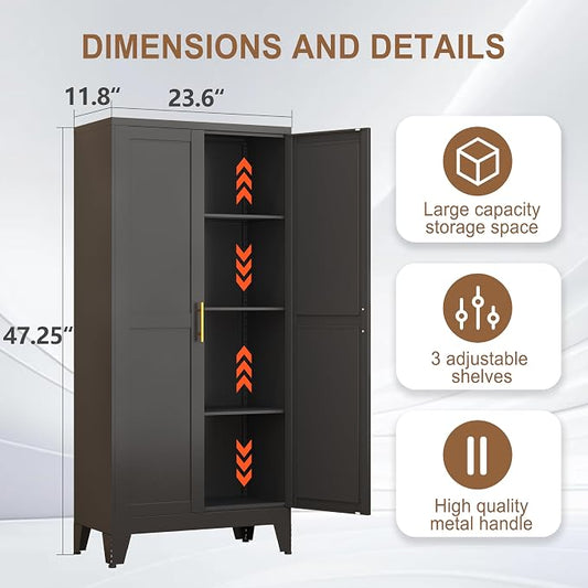 PAOFIN Metal Kitchen Pantry Storage Cabinet with 2 Doors and 3 Adjustable Shelves,Pantry Cabinet with Adjustable Leveling Foot for Kitchen, Living Room, Dining Room(Black)