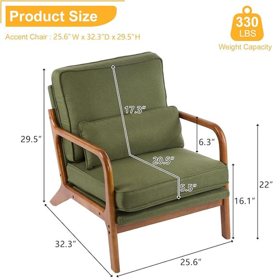 Bonnlo Dark Green Linen Mid Century Modern Accent Chair, Soild Wood Padding Lounge Armchairs Side Sitting Chairs for Living Room, Bedroom, Guest Room
