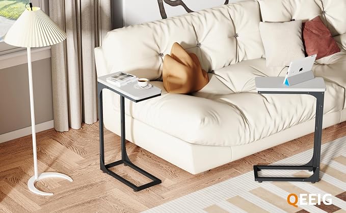 QEEIG Narrow C Shaped Side Table Set of 2 Living Room Sets Slim Couch Tray Tables Skinny Thin Small Modern 7 inch Width, White and Black (017-18WB)