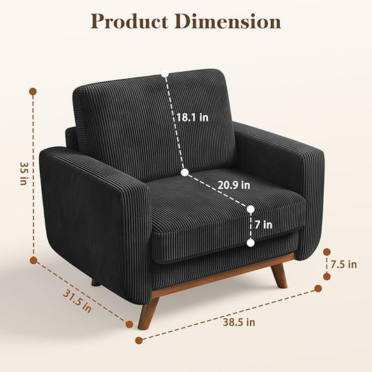 Vesgantti 38.5" Accent Chair Black, Comfy Corduroy Single Sofa Seat with Spring Cushion, Upholstered Armchair with Deep Seat, Reading Chair for Adults, Modern Sofa for Living Room, Bedroom