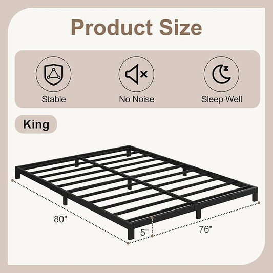 Cieemine 5 Inch Low King Size Bed Frame, Heavy Duty Bed Frame King Size Low Profile, No Box Spring Needed, Easy Assembly, Noise Free, Black