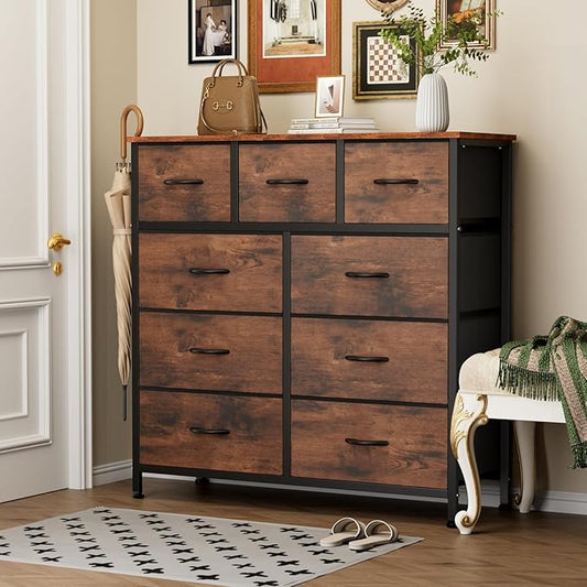Sweetcrispy 9-Drawer Fabric Dresser Storage Tower with Wood Top and Steel Frame, Organizer Chest with Easy Pull Handles for Bedroom, Closet, Hallway,Distressed Brown