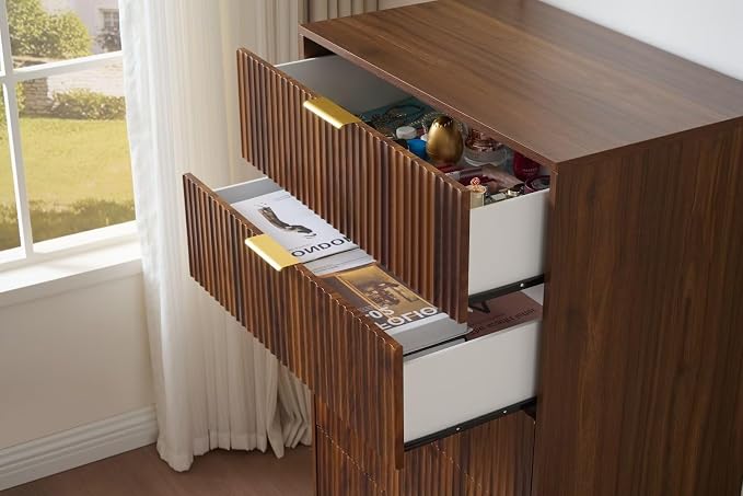 48" Tall Dresser for Bedroom with 5 Drawers, Mid Century Modern Wood Chest of Drawers, 30" Wide Fluted Closet Clothes Storage Organizer Dressers for Living Room, Hallway, Dark Walnut