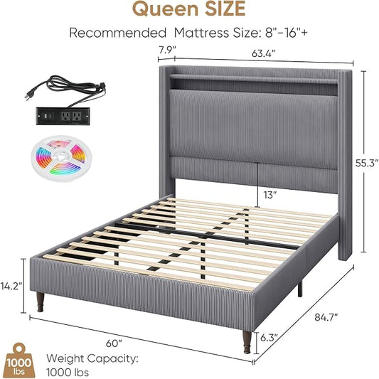Queen Bed Frame with Tall Headboard, 55.3" Upholstered Platform Bed with LED Lights & Charging Station, Elegant Corduroy Bedframe, 2-tier Storage Wingback Headboard, No Box Spring Needed, Dark Grey