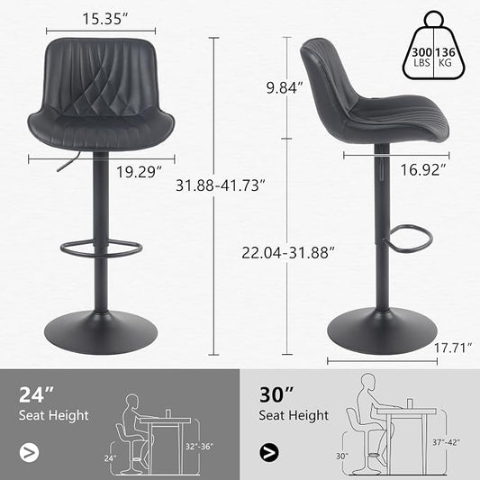 YOUTASTE Black Bar Stools Set of 2, Adjustable Swivel Faux Leather Counter Height Bar Stool, Chairs with Metal Base, 300 LBS Capability, for Home Kitchen Island