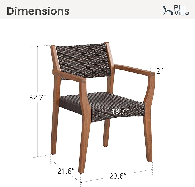 PHI VILLA Outdoor Acacia Wood Chairs Set of 2, Heavy-Duty Patio Dining Armchairs with Wicker Back & Seat, Farmhouse Style Teak Seating Furniture for Deck, Yard, Balcony