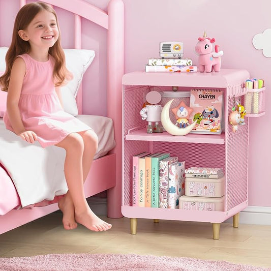 SYKIARIOL Kids Nightstand for Girls, Metal Bedside Table with 4 Hooks & Hanging Basket, 3-Tier Storage Shelf, Toddler Night Stand for Bedroom, Pink