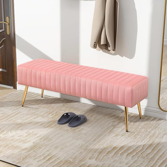 Furniliving 44 Inch Velvet Bench, Upholstered Tufted Striped Fabric Bedroom Bench with Golden Metal Legs, Ottoman for Living Room, Solid Wood Indoor Bench for Foyer (Pink)