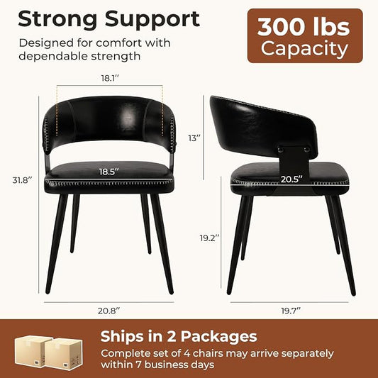 Dining Chairs Set of 4, Modern Upholstered Faux Leather Kitchen Chairs with Elegant Stitching, Easy to Assemble & Clean for Dining Room, Restaurant, Cafe, Vintage Black