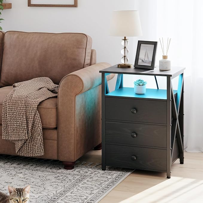 AMHANCIBLE Nightstands Set of 2, LED Night Stand with Charging Station, End Side Tables with USB Port & Outlet, Bedside Table with Fabric Drawers for Bedroom, Black, HET053LBK