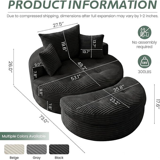 Oversized Round Chaise Lounge Chair, Deep Seat Cloud Boneless Floor Sofa Couch, Upholstered Corduroy Sleeper with 3 Pillows & Optional Ottoman, No Assembly Modern Lazy Floor Lounger for Living Room