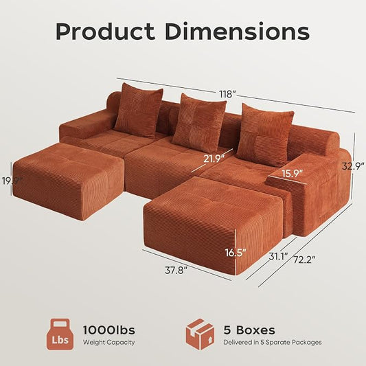 118" Sectional Boneless Oversize Modular Couches, Curved Cloud Sectional Sofa for Living Room, Corduroy U Shape Deep Seat Sofa with 2 Ottomans, No Assembly Required,Terracotta Orange