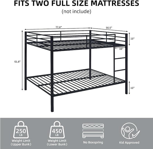 Full Over Full Bunk Bed, Metal Full Size Bunk Beds with Guardrail, Bunk Bed for Adults, Teens, Heavy Duty Bunk Beds Full Size,Safety Guardrail & Ladders, Space-Saving Design, No Box Spring Needed