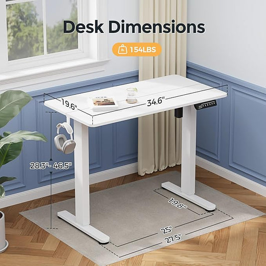Small Electric Standing Desk, 35" ×20" White Standing Desk, Height Adjustable Compact Sit Stand Workstation with Splice Board, Home Office Desk with 2 Hooks