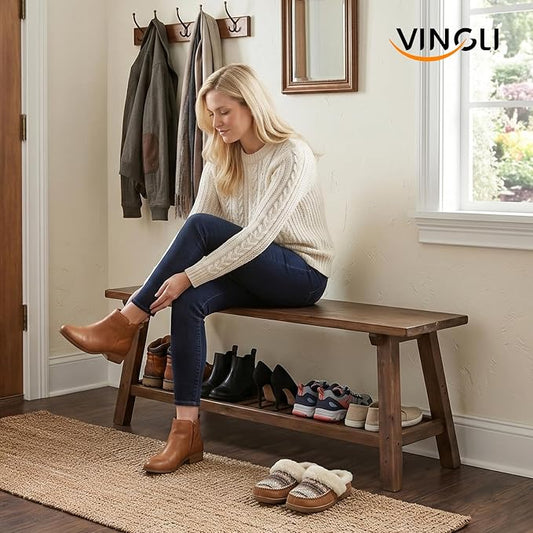 VINGLI Rustic Storage Bench, Solid Wood Seat with Storage Shelf, Indoor Outdoor Shoe Rack, 450lbs Capacity Small Outdoor Bench for Mudroom Entryway Patio Porch (Brown, 43in)