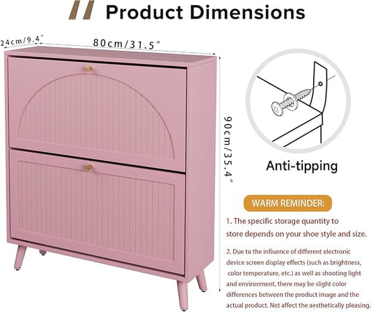 Fsbecl Shoe Storage Cabinet for Entryway with 2 Flip Drawers, Narrow Wood Shoe Cabinet with Fluted Panel, Freestanding Hidden Shoe Organizer for Foyer, Hallway (Pink - with Shelf)