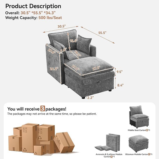 30" Cloud Modular Single Sofa Chair with Storage Ottoman, Modern Upholstered Accent Chair with Storage, Chenille Reading Lounge Armchair for Living Room, Bedroom, Small Space, Light Grey