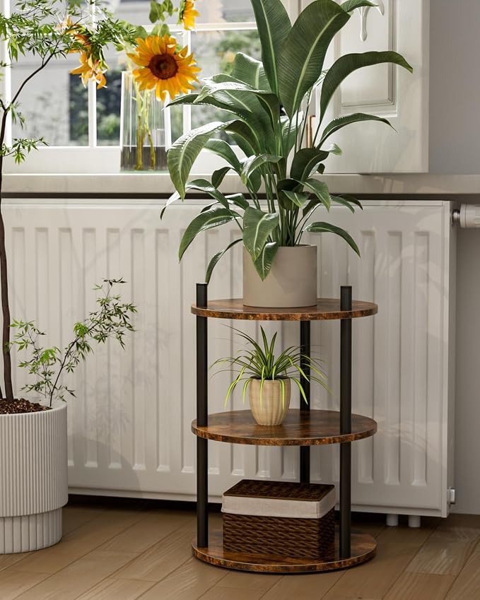 XBurmo Small Round End Table - 3 Tier Design Accent Table, Narrow Side or Bedside Stand, Industrial Vintage Nightstand for Bedroom, Living Room, or Small Spaces, Set of 2, Rustic Brown