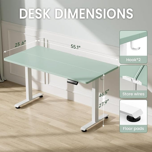 Veken 55 Inch Large Electric Standing Desk, 4 Memory Heights Adjustable,Sit to Stand Up, Work Home Office Computer Table for Study, Walking Pad, Writing, and Games, Wooden Desktop Desks, Green