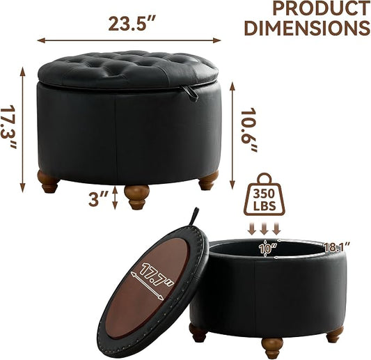 WUTUTUEE 24Inch Round Storage Ottoman with Tray, Modern Tufted Leather Circle Coffee Table with Storage, Upholstered Ottoman with Removable Top for Living Room, Bedroom, Leather Black