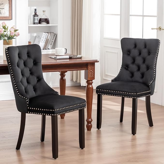 Mid Century Modern Dining Chair Set of 2 Velvet Upholstered Dining Accent Chair Farmhouse Dining Chairs with High Back and Nailhead Trim for Kitchen, Living Room, Bedroom (Black)