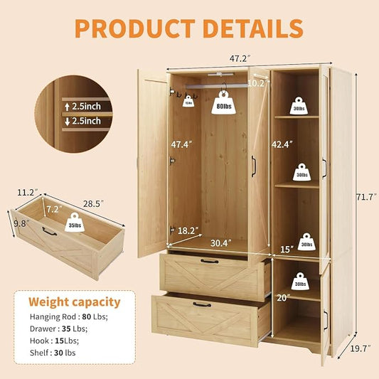 3 Doors Armoire Wardrobe Closet with Mirror Door and LED Lights,Bedroom Armoire with Drawers,Large Capacity Freestanding Armoire with Hanging Rod,Adjustable Shelves and Hooks(Natural)