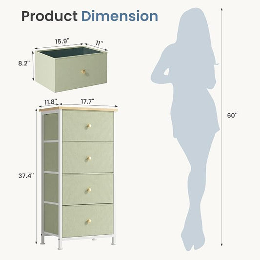 DUMOS Nightstand with 4 Drawers, Bedside Table with Removable Fabric Bins, Sturdy Steel Frame Wood Top Organizer Furniture for Bedroom Closet Living Room, Sage Green