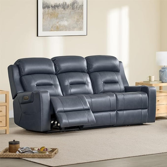 Watson & Whitely Genuine Leather Power Loveseat and Recliner Sofa Set, Lay Flat Reclining Couch with Console, Power Headrest, USB & Wireless Charging, Cup Holders for Living Room, Navy Blue