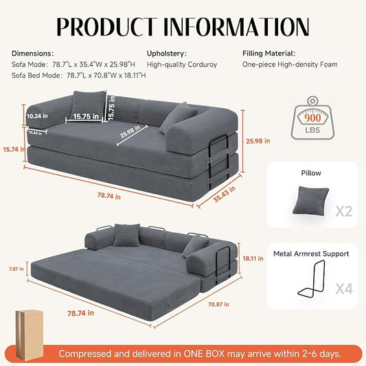 78.8" Memory Foam Boneless Couch, Corduroy Floor Sofa Bed, Convertible Sleeper Futon Loveseat, Wide Armrests & Back Support, Supports Up to 1200 lbs, Couch in a Box with 2 Pillows, Dark Grey