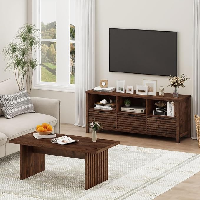 BON AUGURE Coffee Table for Living Room, 43Inch Farmhouse Wood Center Table, Rectangle Mid-Century Living Room Tables, Unique Fluted Panel Coffee Tables (Rustic Oak)