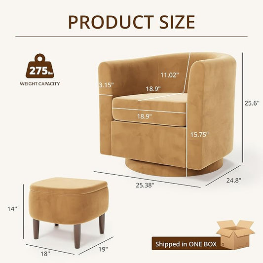 Swivel Accent Chair with Storage Ottoman, Small Modern Velvet Barrel Chair, Upholstered Armchair with Footrest for Living Room/Reading/Bedroom, 24.8'' D x 25.38'' W x 25.6'' H, Yellow