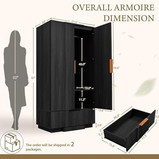 Yechen 67" Fluted Armoire Wardrobe Closet with Doors and Drawer, Wooden Wardrobe Closet Cabinet with Adjustable Shelve, Modern Small Armoires Storage Clothes, Coats for Bedroom, Black