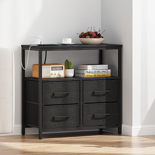 TUTOTAK Large Night Stand with Charging Station, Nightstand with USB and Type-C Port, Bedside Table with Cloth Drawers, End Table for Livingroom, Bedroom, Black TB01BK081