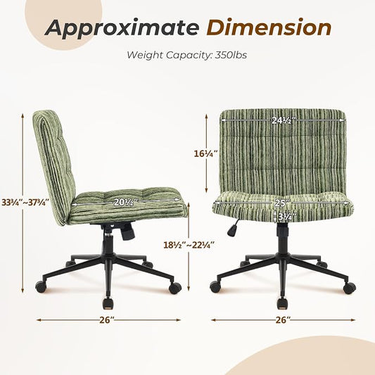 Furnimart 360° Swivel Criss Cross Desk Chair Extra-Thick Cushion, Premium Chenille Cross Legged Chair with Wide Seat & Wheels, Comfy Armless Home Office Chair for Bedroom, Vanity, Sturdy (Green)
