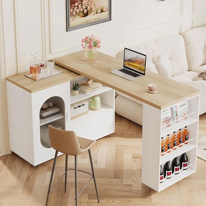 HSH 72.4” Rolling Kitchen Island with Swivel Table, Storage Cabinet, Drawers & Shelves, White Modern Mobile Island Cart on Wheels, Farmhouse Wood Island Table for Kitchen, Dining Room, Home Bar