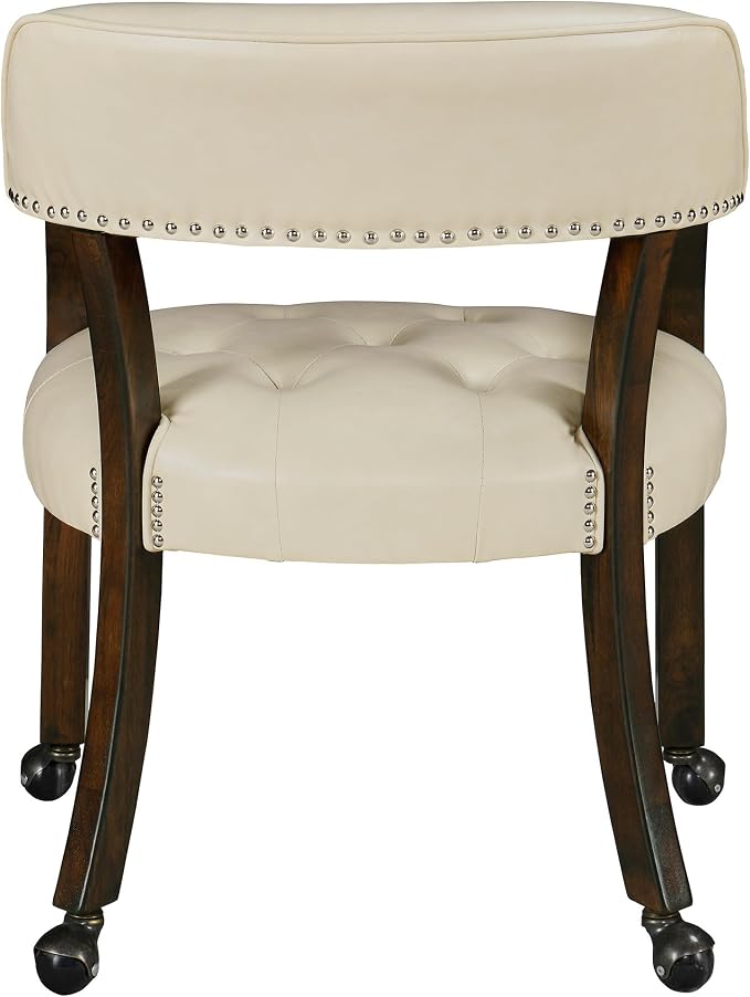 LEEMTORIG Set of 2 Dining Chairs with Casters and Arm, Large Rolling Dining Chairs with Wheel, Solid Wood Game Poker Table Chair, 26" D x 25.2" W x 31.5" H, Espresso Legs & Beige PU, XXY-1910-BG