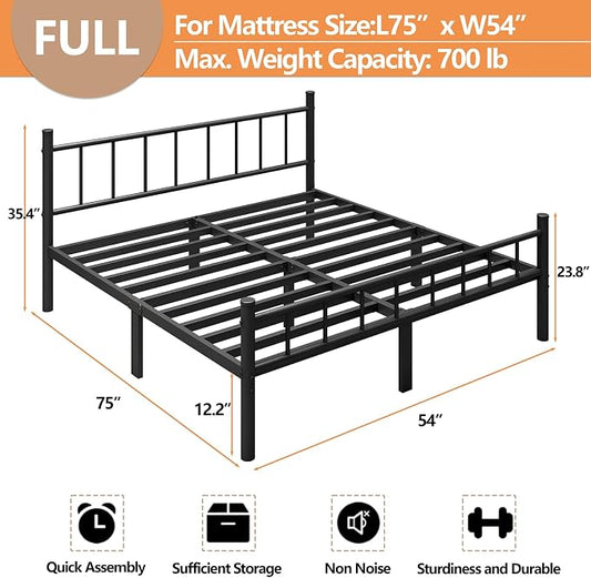 zizin Full Size Metal Bed Frame with Headboard & Footboard 14 Inch Metal Platform Mattress Foundation Support with Steel Slat, Under Bed Storage, No Box Spring Needed