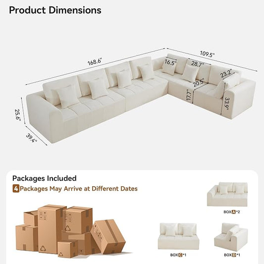 170''Modular Sectional Couches for Living Room, Cloud Boneless Compressed Sectional Sofa, Oversized L Shaped 7 Seater Upholstered Memory Foam Sofa, No Assembly, Chenille Beige