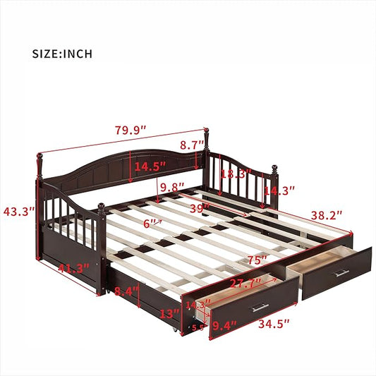 Merax Modern Wood Daybed with Pop Up Trundle Twin to King Extendable Sofa Bed Frame for Kids Teens Adults/No Box Spring Needed Espresso