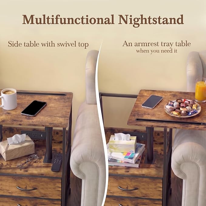 Faesun Swivel Lift Top Nightstand with Charging Station, Rolling Side Table for Recliner, Bedside Table with Wheels & 2 Fabric Drawers, for Small Spaces, for Bedroom, Living Room, Brown