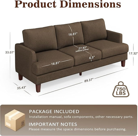 Gericco Mid Century Modern Couches for Living Room, 89" Comfy Brown Couch Sofa with 3-Seater Deep Seats, Upholstered Sofas for Living Room, Office Apartment, Bedroom