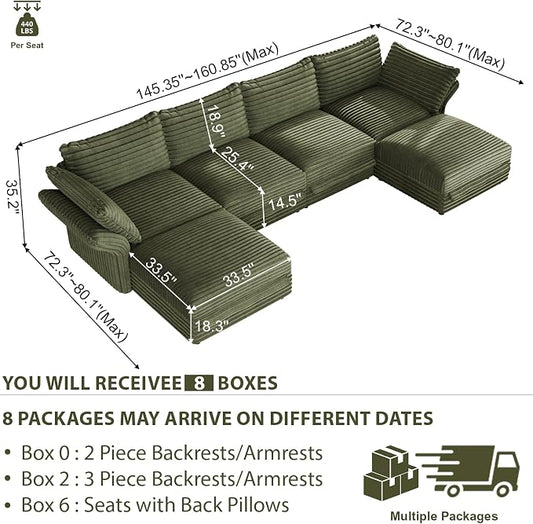 DreamDashio 159” 6-Seat U-Shaped Sectional Sofa, Oversized Extra Wide Deep Seat Detachable Modular Cloud Couch, Certified Corduroy Fabric with Storage & High Backs, for Home Theater, Green