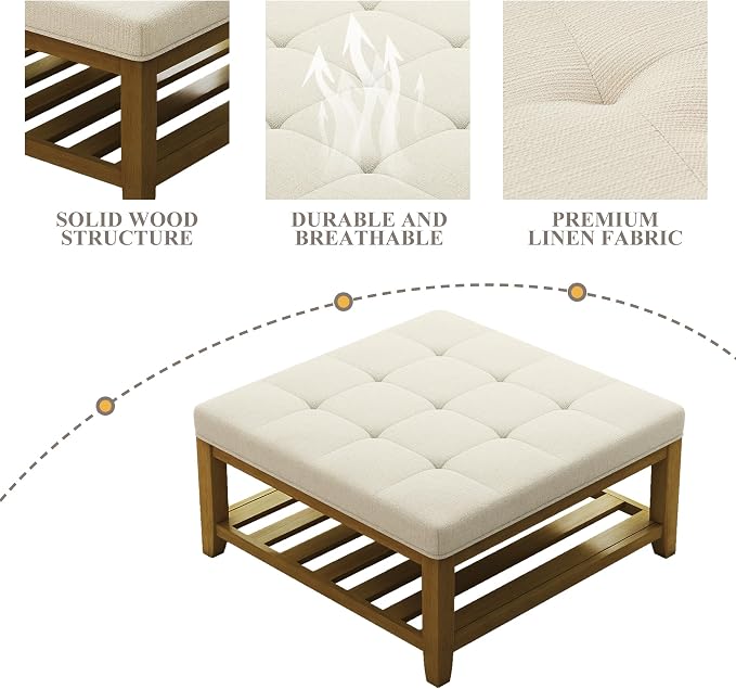 Befurtori Large Square Ottoman Coffee Table, Linen Solid Upholstered Footrest Ottoman with Solid Wood Shelf Storage Tufted Coffee Table for Bedroom Living Room, Ivory