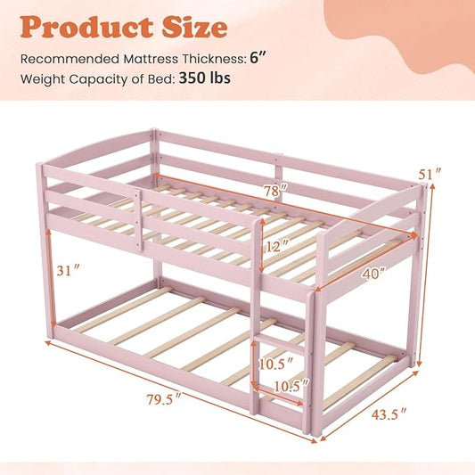 Giantex Twin Low Bunk Bed, Solid Wood Twin Over Twin Bunk Bed Frame with Full Guardrails & Integrated Ladder, Floor Twin Bunk Beds for Kids Boys and Girls, No Box Spring Needed (Pink)