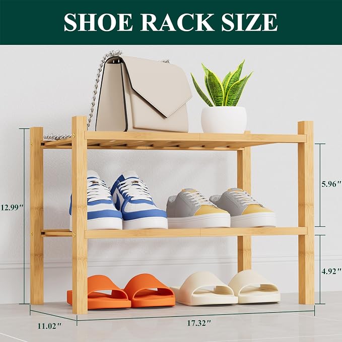 Smiry Small Bamboo Shoe Rack, 2 Tier Free Standing Wooden Shoe Organizer, Stackable Wood Shoe Storage Shelf for Closet, Entryway, 14 Vertical Slats, One-piece Heavy-Duty Legs, 17.3"x11"x13", Natural