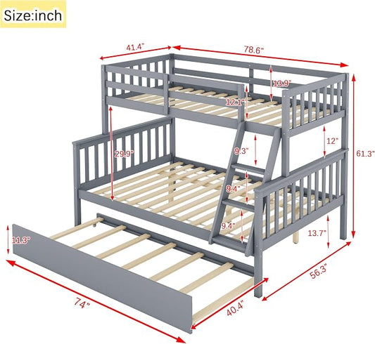 Harper & Bright Designs Convertible Wood Twin-Over-Full Bunk Bed with Trundle and Ladder - Can Be Divided Into Two Platform Beds, Grey
